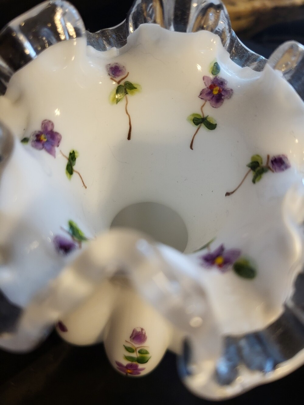 Fenton 6 In. White Glass Violets In The Snow Ruffled Vase - Picture 4 of 15